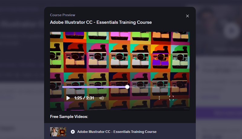 A dark modal popup showing a course preview video player paused at 1 minute 25 seconds, featuring a grid of multi-colored vector illustration cameras titled Adobe Illustrator CC Essentials Training Course.