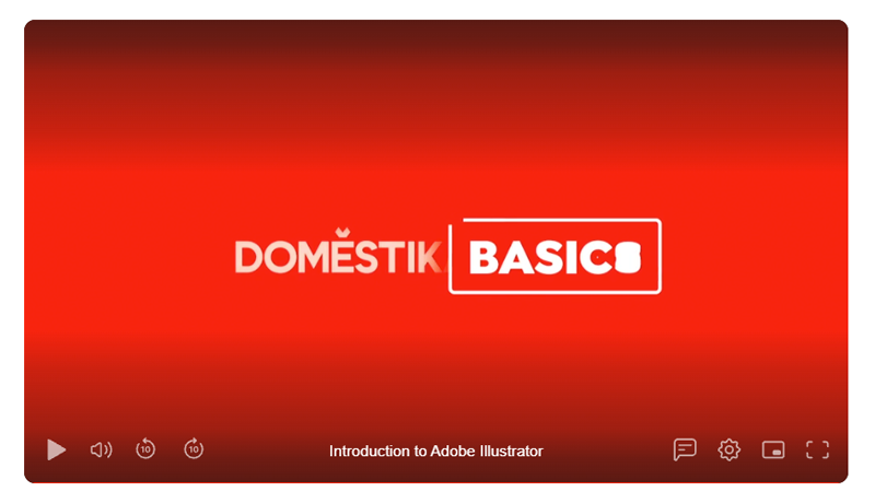 A video player with a vibrant red gradient background displaying the white text Domestika Basics, with the subtitle Introduction to Adobe Illustrator centered at the bottom.