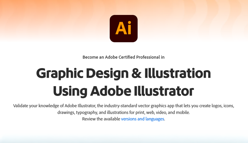 Informational banner featuring the dark Adobe Illustrator app icon centered above bold typography reading Become an Adobe Certified Professional in Graphic Design and Illustration Using Adobe Illustrator.