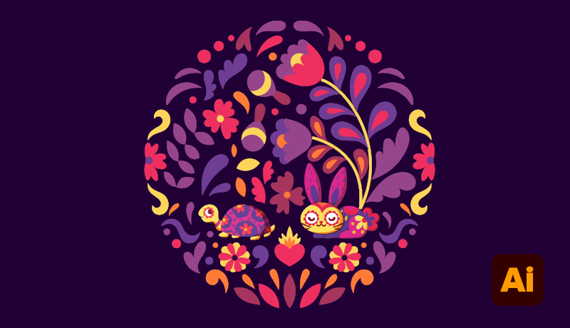 A circular vector illustration on a dark purple background filled with Mexican embroidery-inspired floral designs, leaves, a decorated turtle, and a rabbit, with an Adobe Illustrator icon in the bottom right.