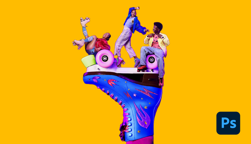 A vibrant surreal photomontage on a bright yellow background showing three young roller skaters dancing and posing on top of an upside-down, elaborately decorated blue roller skate boot, with an Adobe Photoshop icon in the lower right.