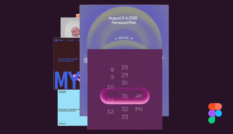 Layered digital design concepts on a dark background, featuring a blurred blue-and-purple event poster, typography cards, and a foreground purple UI card showing a digital clock dial set to 11:31 AM, accompanied by the Figma logo.