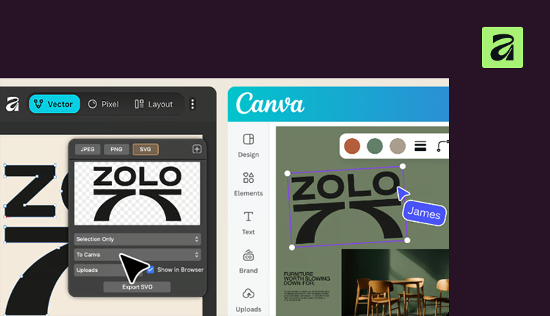 Split-screen interface showing the Affinity app exporting a black vector logo named ZOLO as an SVG on the left, and Canva importing and placing the graphic onto a green layout with a user cursor named James on the right.