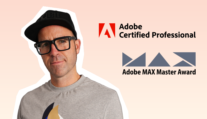 Photo of instructor Daniel Walter Scott, cutout on a light gradient background next to official logos for Adobe Certified Professional and Adobe MAX Master Award.