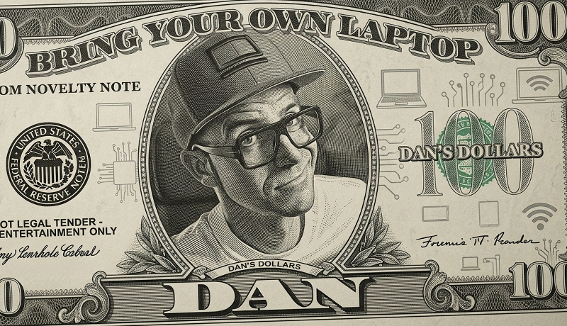 A black-and-white novelty banknote graphic styled after a US hundred-dollar bill, titled Bring Your Own Laptop and Dan's Dollars, featuring an engraved illustration portrait of Daniel Walter Scott