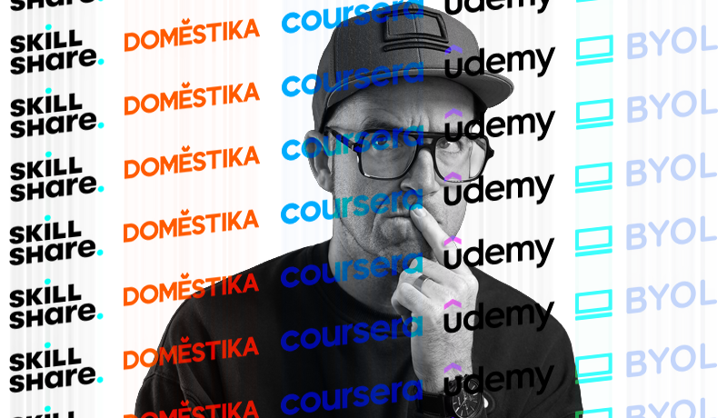 Grayscale cutout portrait of Daniel Walter Scott touching his chin thoughtfully against a white background filled with colorful repeating columns of platform logos: Skillshare, Domestika, Coursera, Udemy, and BYOL.