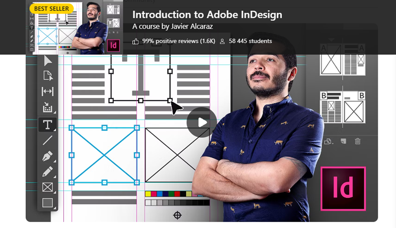 Domestika course card showing instructor Javier Alcaraz with arms crossed against an InDesign document wireframe layout, featuring a best-seller badge, review rating, and student count.