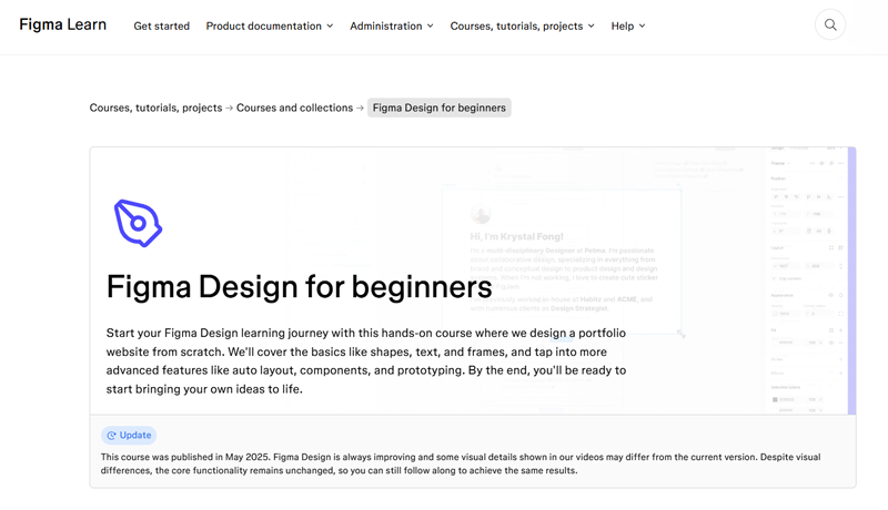Webpage on the Figma Learn platform showing the course header 