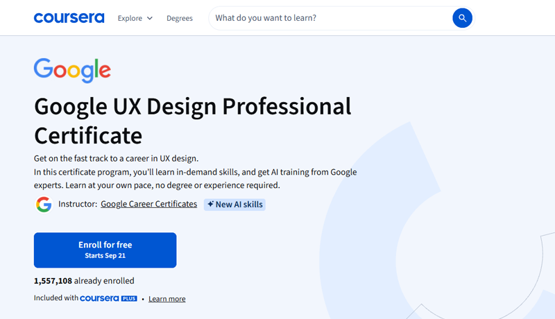 Coursera landing page for the Google UX Design Professional Certificate showing an 