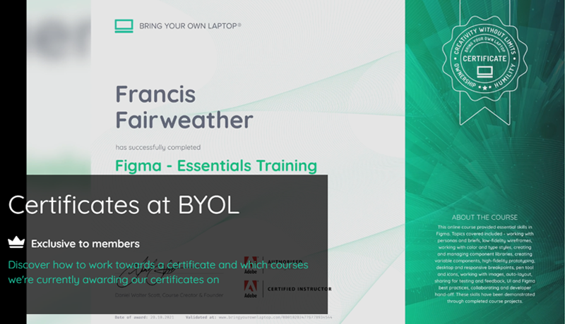 A Bring Your Own Laptop course completion certificate for Figma Essentials Training, featuring an embossed seal and Adobe Certified Instructor endorsement.