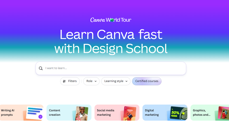 Webpage for Canva Design School with a purple-to-teal gradient background reading 