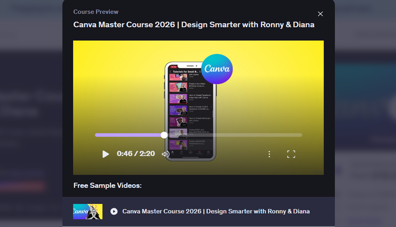 Dark video modal player showing a smartphone mockup displaying video lessons over a bright yellow background, titled Canva Master Course 2026