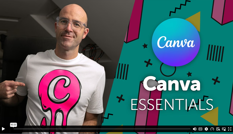 Instructor Daniel Walter Scott pointing to a green title card featuring the circular Canva logo and the text Canva Essentials.