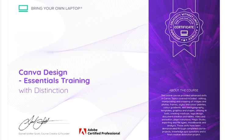 Certificate layout on white textured paper with a vibrant purple banner, circular BYOL certificate badge, course title Canva Design - Essentials Training with Distinction, and Adobe Certified Professional signature area.