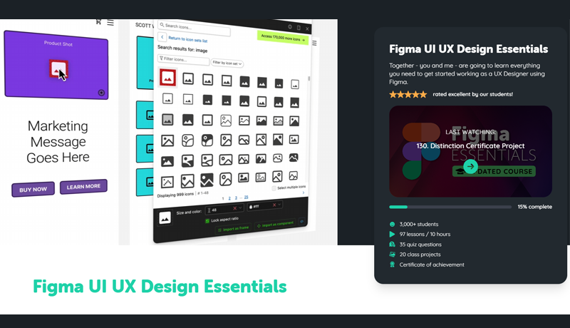 UI card for Daniel Walter Scott's Figma UI UX Design Essentials course, paired with an instructional screenshot of an icon library search modal inserted into a Figma artboard.