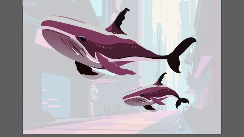illustration of two whales floating over a faded street background in adobe illustrator