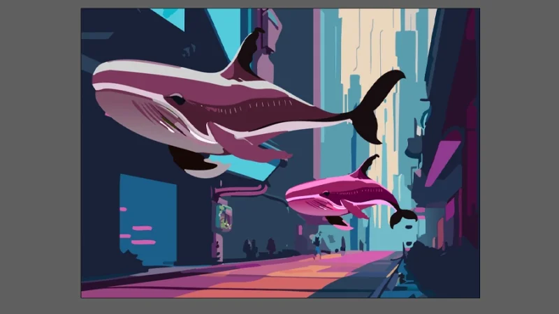 illustration of two whales floating over a city street in adobe illustrator