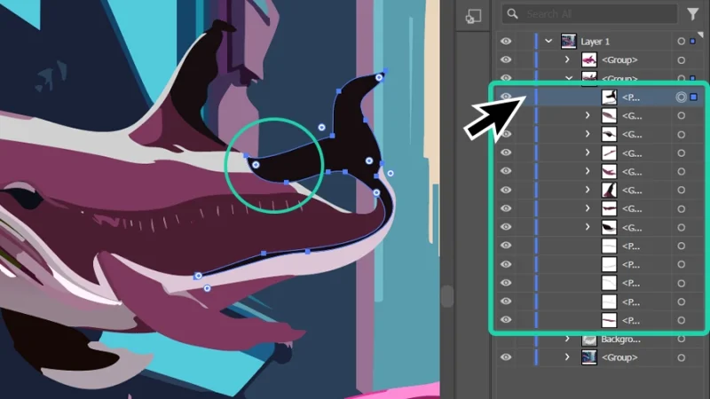 highlighted top shape layer inside layers panel in adobe illustrator