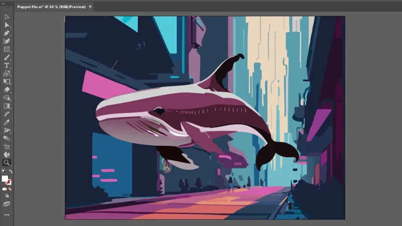 vector illustration of a whale over a steampunk city background in adobe illustrator