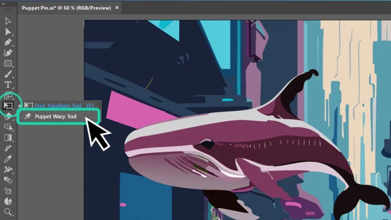 puppet warp tool highlighted inside the free transform group in adobe illustrator