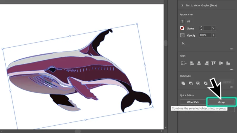 grouping shapes to form the whale object in adobe illustrator