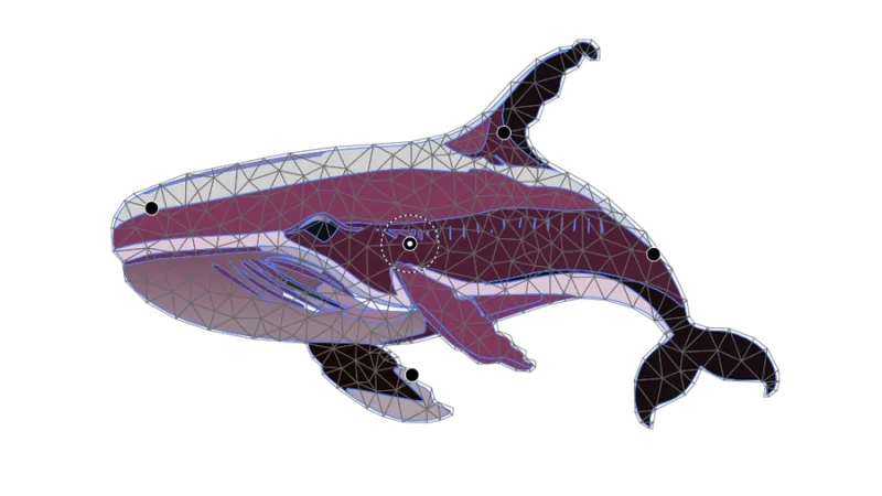 whale illustrator showing mesh grid and puppet warp pins in adobe illustrator