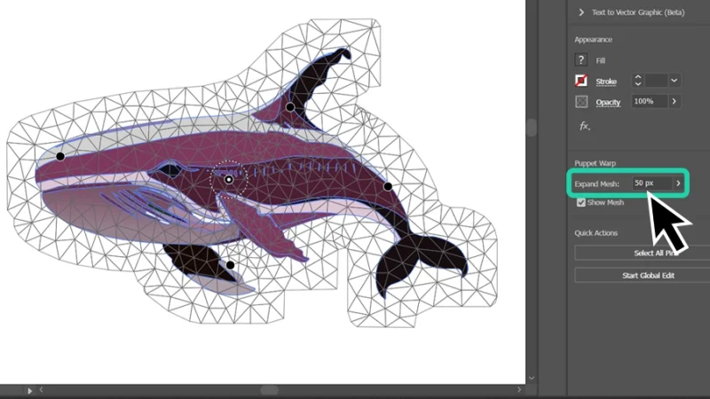 expanding mesh size to fifty pixels in adobe illustrator