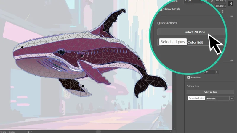 select all pins button magnified in adobe illustrator