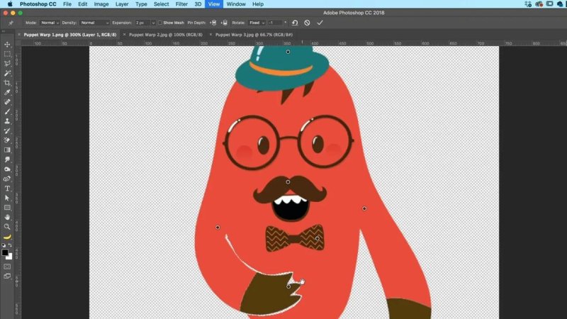 Adobe Photoshop canvas showing a red cartoon character with glasses, mustache, and hat, with yellow Puppet Warp pins placed on its forehead, mustache, bowtie, and hand.