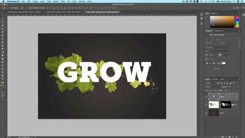 Photoshop canvas featuring the bold white word GROW centered against a dark grey background, with lush green vine leaves visible behind the letters and layer masks shown in the Layers panel.