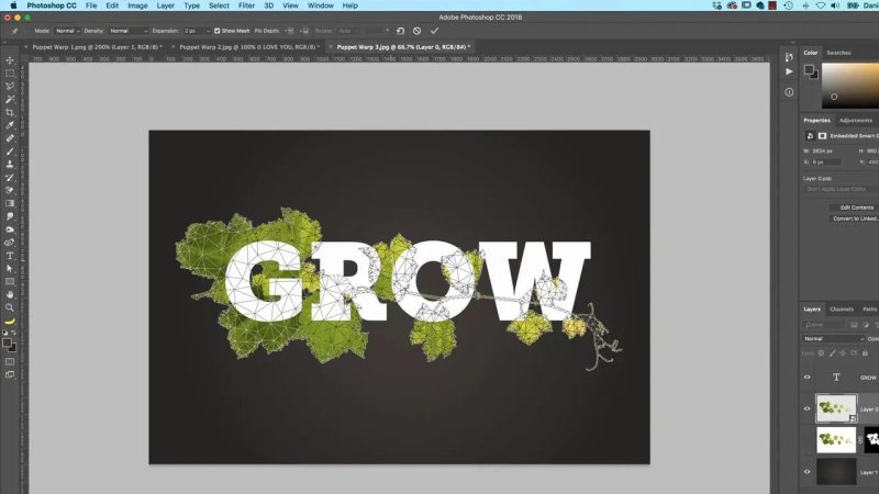 Photoshop CC 2018 workspace displaying a yellow polygonal Puppet Warp mesh covering a leafy vine branch arranged behind and around the bold white word GROW.