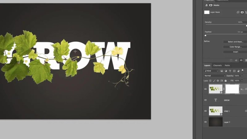 Close-up of the word GROW in Photoshop where green vine leaves and stems wrap alternately over and behind the letterforms, with the Layers panel displaying active layer masks.