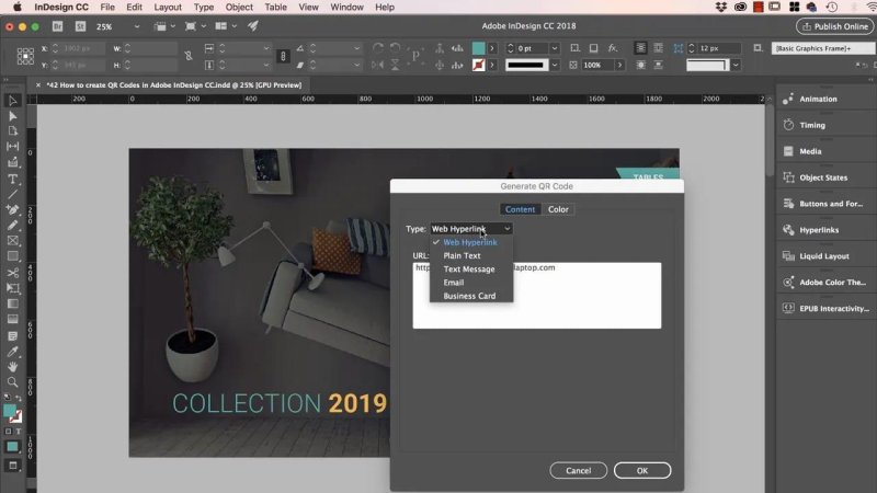 Adobe InDesign Generate QR Code modal window set to Content with the Type drop-down menu expanded.