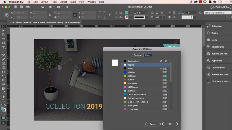 Adobe InDesign Generate QR Code modal window open to the Color tab with swatches listed for assignment.
