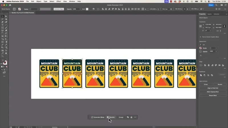 Adobe Illustrator 2024 workspace showing a row of vector mountain badges selected on the artboard with the cursor clicking the Recolor button on the quick actions toolbar.