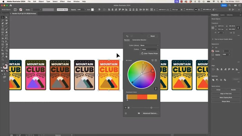 The Recolor Artwork panel in Adobe Illustrator displaying an active, multi-handle color wheel used to shift the color palette of an emblem design globally.