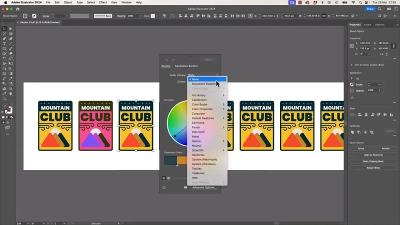 The Recolor Artwork floating panel in Adobe Illustrator with the Color Library dropdown menu open, showing pre-defined swatch options like Earthtone, Foods, and Nature.