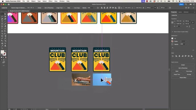 Adobe Illustrator workspace with a cursor dragging an external reference image onto the canvas to prepare for sampling color palettes directly from photographs.