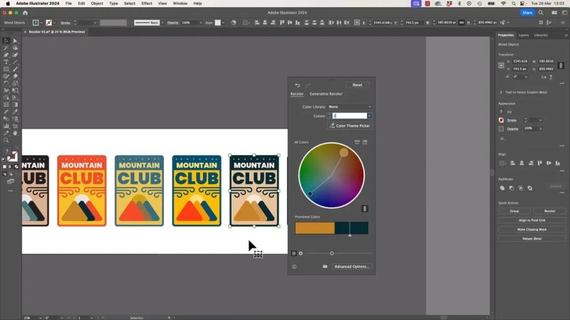 The Recolor Artwork panel in Adobe Illustrator with the color count limited to two, simplifying the emblem's color wheel handles to a single global editing axis.