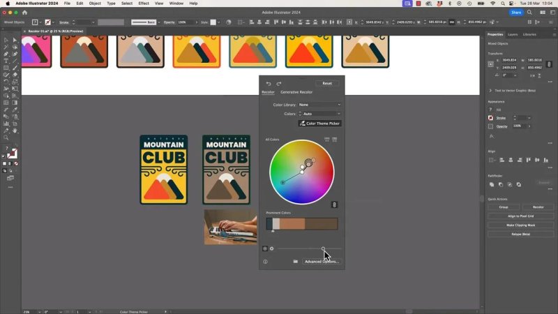 Adobe Illustrator 2024 using the Color Theme Picker tool to sample a muted palette from a photo, instantly changing a vector mountain badge to matching earthy tones.