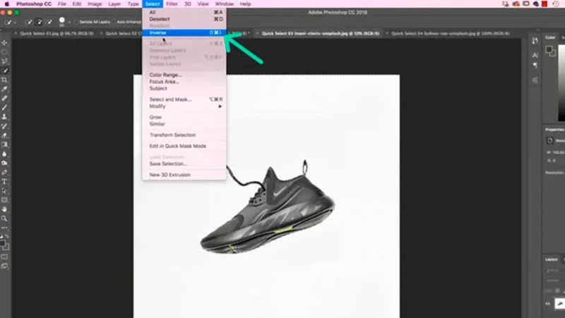 inverse commmand highlighted in select menu in photoshop