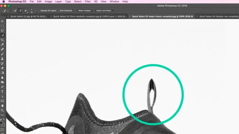 selection detail of running shoe in photoshop
