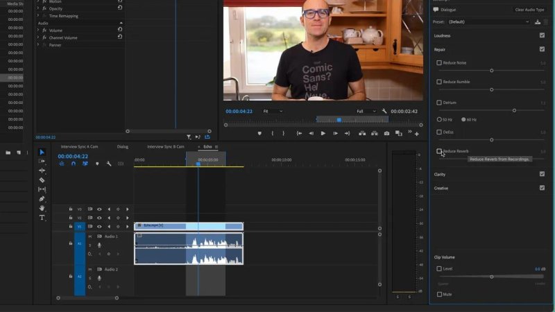 Premiere Pro interface displaying a video clip of an instructor in a kitchen setup on the timeline, with the mouse cursor checking the 