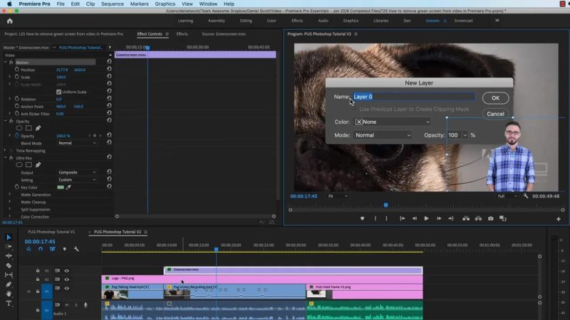 Premiere Pro Program Monitor showing the keyed green-screen presenter composited in the lower-right corner over a Photoshop screen-recording tutorial.