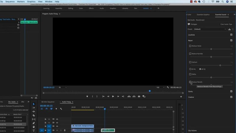Premiere Pro Essential Sound panel configuring the 