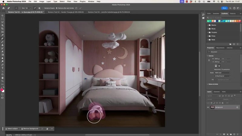 Photoshop workspace showing the Remove Tool painting out a plush cushion on a bedroom floor.