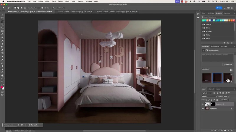 Adobe Photoshop canvas showing the bedroom scene with Generative Fill variations of the content in the shelves to the left of the bedroom.