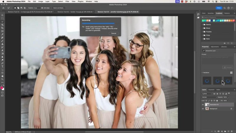 Photoshop workspace displaying a bridal party selfie with a lasso selection outline around a smiling woman on the right and an active Generating progress bar.