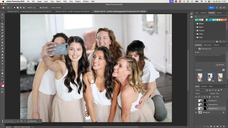 Photoshop interface showing the bridal party selfie after the woman on the far right has been removed, with the Properties panel displaying three generated variation thumbnails.