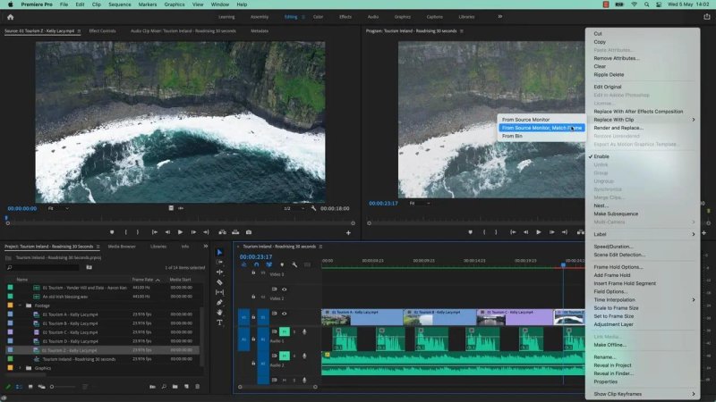 Premiere Pro workspace displaying a right-click context menu on a video clip, highlighting the option to Replace With Clip from Source Monitor Match Frame, with the Source Monitor showing ocean coastline footage.